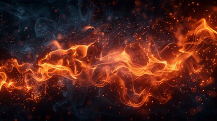   A dark background with orange and yellow fire and smoke to the left; right side features a black background - obrazy, fototapety, plakaty