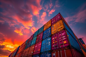 Colorful cargo containers at sunset