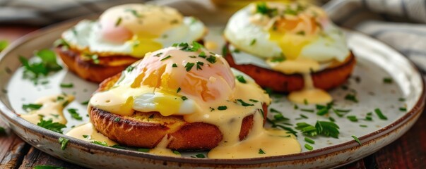 Eggs with poached eggs, ham, English muffins, and daise sauce, ready to eat