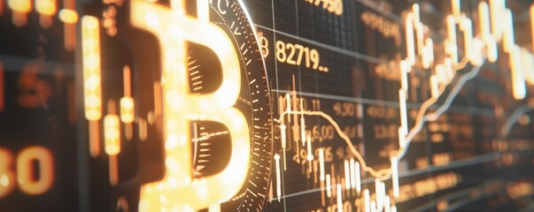 a stock market digital chart with financial graphs and coins all around the Bitcoin logo. - obrazy, fototapety, plakaty