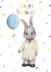 bunny in a white dress birthday gift card watercolor illustration