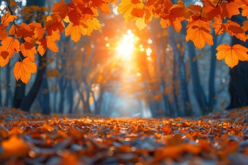 Autumn leaves pathway with sunrise in forest