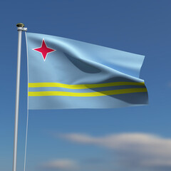 Aruba Flag is waving in front of a blue sky with blurred clouds in the background