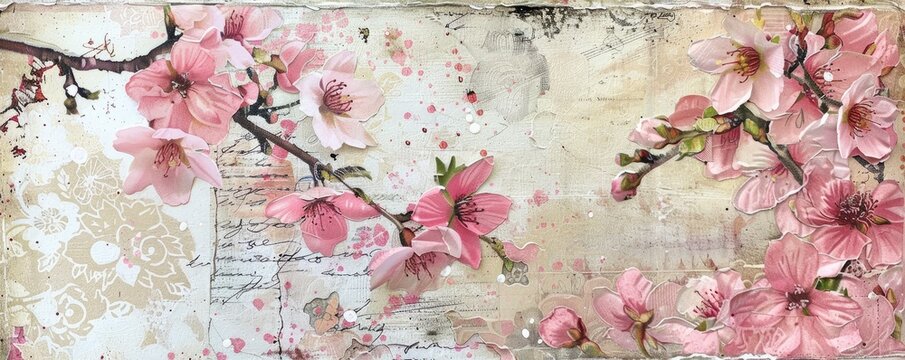 pink and white cherry blossoms on Vintage background