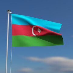 Azerbaijan Flag is waving in front of a blue sky with blurred clouds in the background