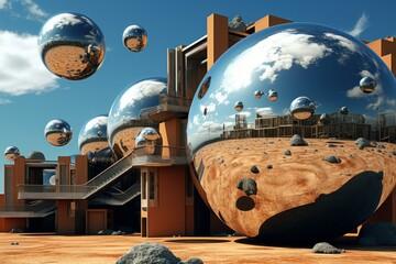 Mesmerizing Surreal spheres in yard of futuristic building. Little silver domes surrounding progressive architecture. Generate ai