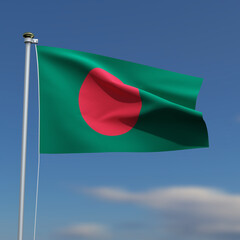 Bangladesh Flag is waving in front of a blue sky with blurred clouds in the background