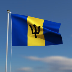 Barbados Flag is waving in front of a blue sky with blurred clouds in the background