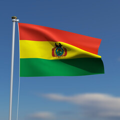 Bolivia Flag is waving in front of a blue sky with blurred clouds in the background