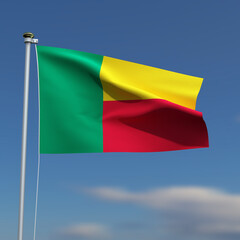 Benin Flag is waving in front of a blue sky with blurred clouds in the background