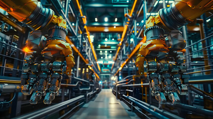 Fototapeta premium In the future, robots or cyborgs with artificial intelligence will control manipulator arms on factories and manufacturing plants. Industry 4.0. Robotics and technology are the future. Abstract HUD.