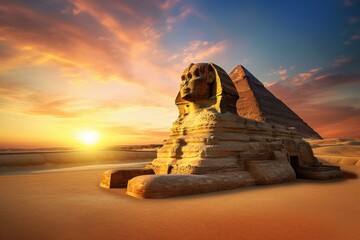 Ancient Sphinx egypt sunset. World old cairo. Generate Ai