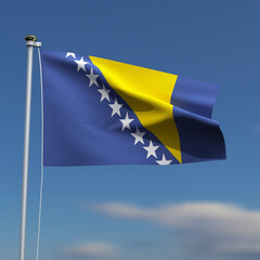 Bosnia and Herzegovina Flag is waving in front of a blue sky with blurred clouds in the background