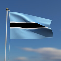 Botswana Flag is waving in front of a blue sky with blurred clouds in the background