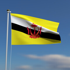 Brunei Flag is waving in front of a blue sky with blurred clouds in the background