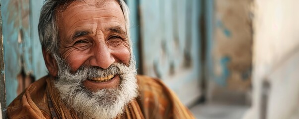 portrait of an elder man with a kind expression and deep wrinkles, bathed in golden sunlight