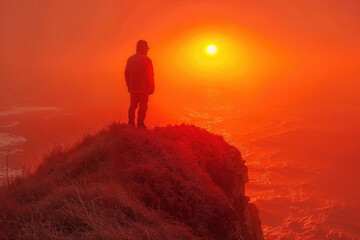 A man stands on a rocky cliff overlooking the ocean - Powered by Adobe