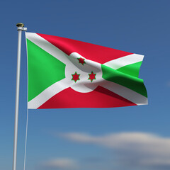 Burundi Flag is waving in front of a blue sky with blurred clouds in the background