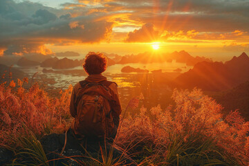 A man is sitting on a hillside, looking out at the sunset