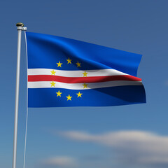 Cabo Verde Flag is waving in front of a blue sky with blurred clouds in the background
