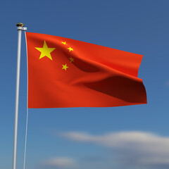 China Flag is waving in front of a blue sky with blurred clouds in the background