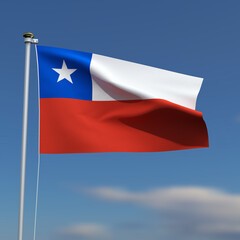 Chile Flag is waving in front of a blue sky with blurred clouds in the background