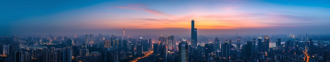 Fototapeta premium Panoramic Cityscape at Twilight with Landmark Tower