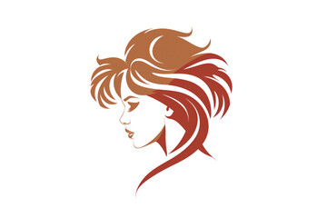 A woman with long red hair and a red and white logo