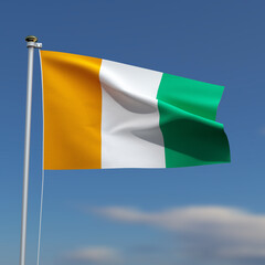 Cote d'Ivoire Flag is waving in front of a blue sky with blurred clouds in the background