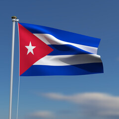 Cuba Flag is waving in front of a blue sky with blurred clouds in the background