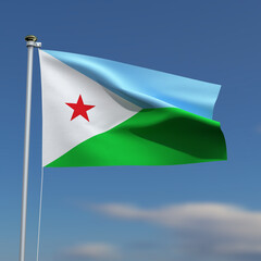 Djibouti Flag is waving in front of a blue sky with blurred clouds in the background