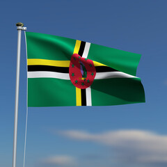 Dominica Flag is waving in front of a blue sky with blurred clouds in the background