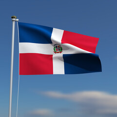 Dominican Republic Flag is waving in front of a blue sky with blurred clouds in the background