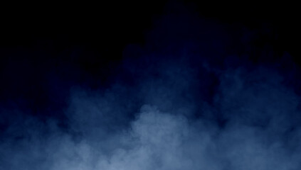 Abstract blue smoke misty fog on isolated black background. Texture overlays. Paranormal mystic smoke, clouds for movie scenes - obrazy, fototapety, plakaty