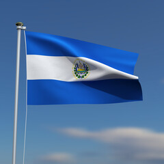 El Salvador Flag is waving in front of a blue sky with blurred clouds in the background