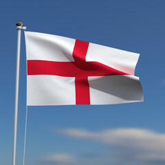 England Flag is waving in front of a blue sky with blurred clouds in the background