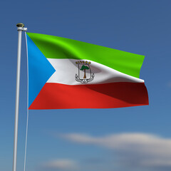 Equatorial Guinea Flag is waving in front of a blue sky with blurred clouds in the background