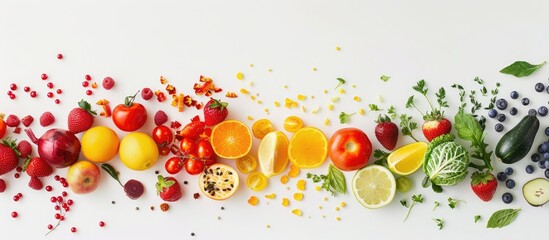 Image showing a variety of fruits and vegetables in different colors of the rainbow, surrounded by white space.