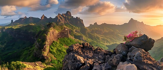 Mountain range at sunset: Golden sunset over majestic mountain range with sharp peaks and lush green valleys. Panoramic view featuring rugged rocks adorned with purple flowers