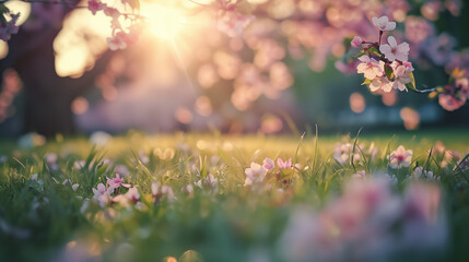 A field of pink flowers with the sun shining on them