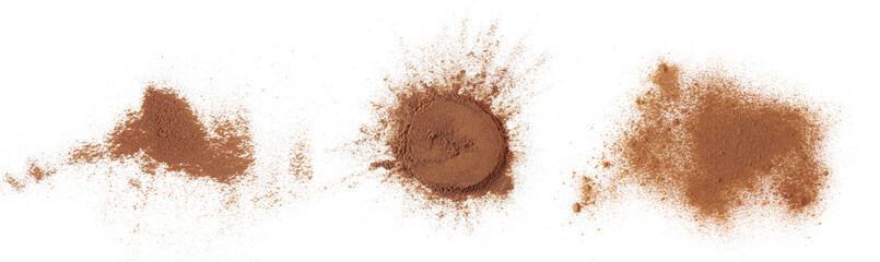 Set cinnamon powder scattered isolated on white, clipping path 