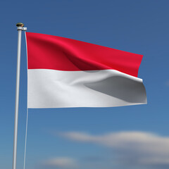 Indonesia Flag is waving in front of a blue sky with blurred clouds in the background