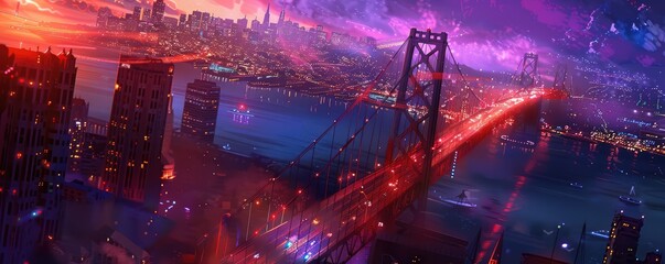 Futuristic cityscape and bridge under starry sky