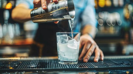 Close up shot of barman hand pouring drink  into a glass filled with ice cubes. Male bartender preparing fresh cocktail. banner with copy space.
 - obrazy, fototapety, plakaty