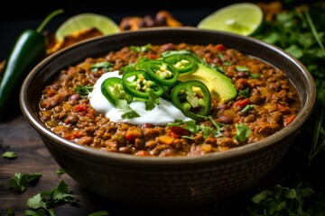 Nutritious Chili lentil soup. Spicy top cuisine. Generate Ai
