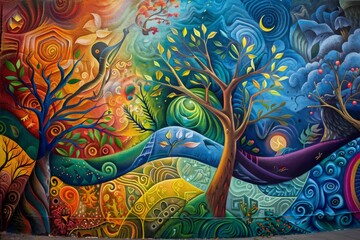A vibrant mural depicting the peaceful coexistence of various seasons, . A mural of unity. Artistic expression 