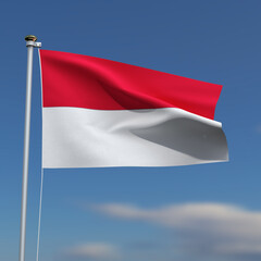 Monaco Flag is waving in front of a blue sky with blurred clouds in the background