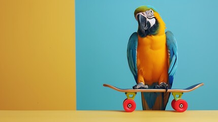 sky blue wavy parrot with plastic toy skateboard on color background