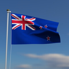 New Zealand Flag is waving in front of a blue sky with blurred clouds in the background