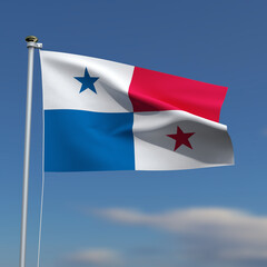Panama Flag is waving in front of a blue sky with blurred clouds in the background